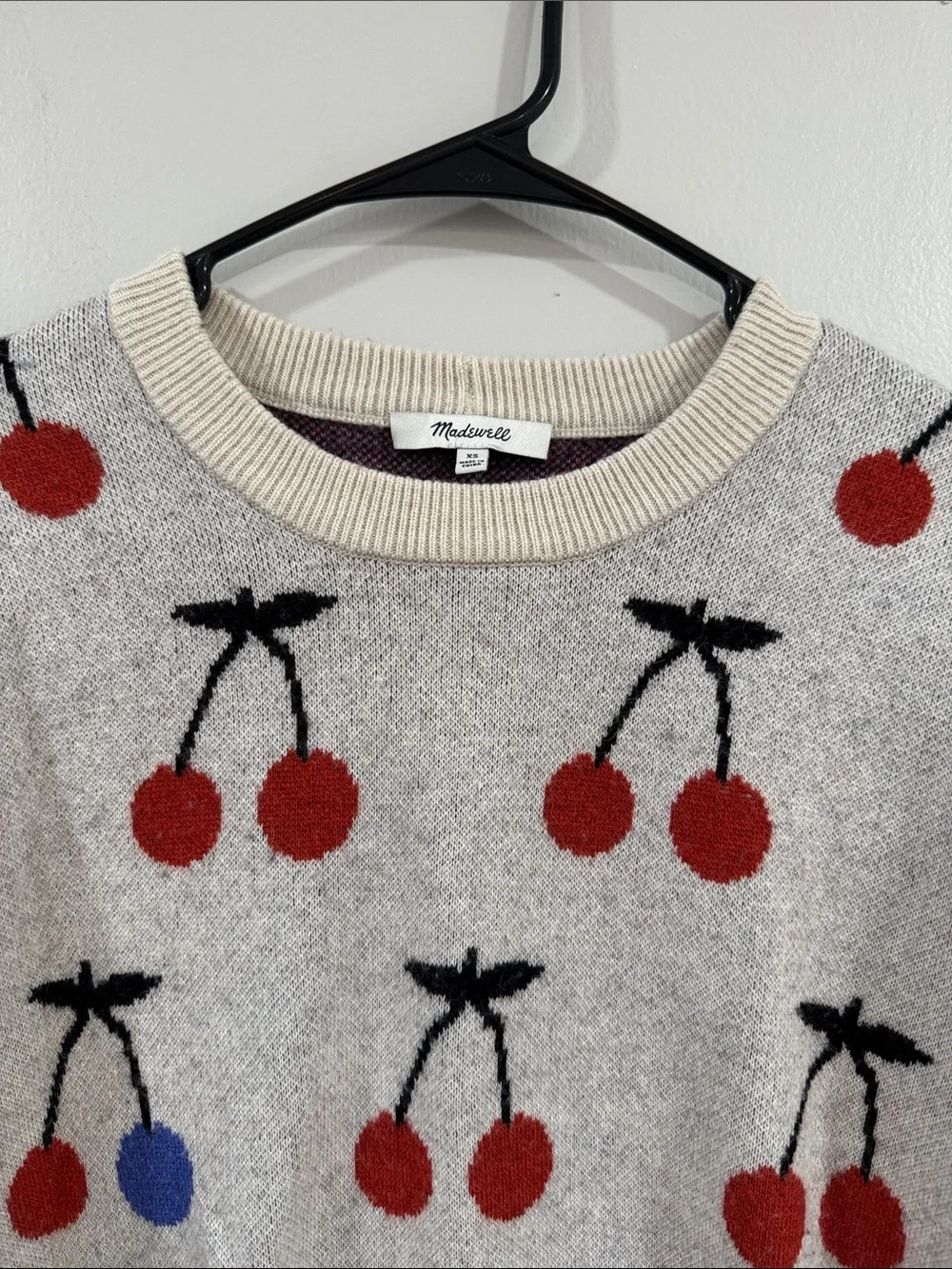 Madewell women’s Cherry jacquard Gray Crewneck pullover Sweater wool blend